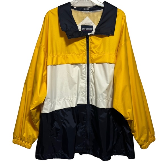 South Creek Raincoat Wind Breaker Color Block Yellow Blue White 1XB Hood NWOT - Picture 1 of 14